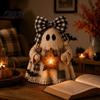 Resin Patchwork Doll Lighted Vintage Ghost Figurine with LED Lantern, Rustic Farmhouse Halloween Figurine, Seasonal Home Refresh Items Spooky