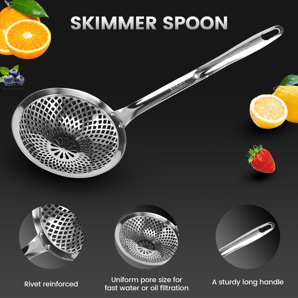2Pcs Skimmer Spoon 304 Stainless Steel Slotted Spoon with Vacuum Ergonomic Handle Cooking Strainer Spoon Skimmer Slotted Spoon