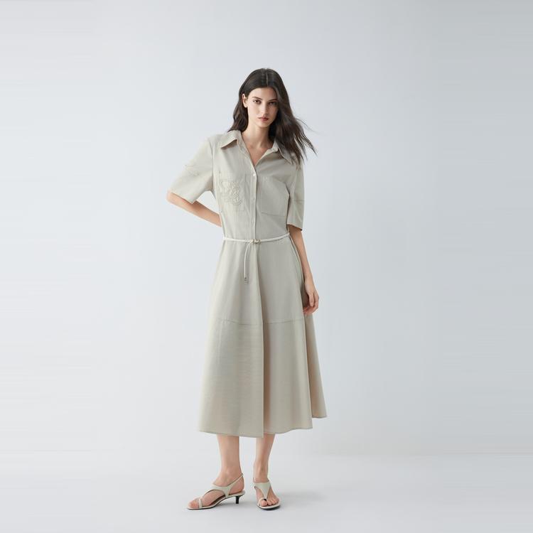 ELLE French Minimalist Design Lapel Waist-Defining Casual Versatile Color-Block Solid Embroidered X-Stripe Midi Dress Short Sleeve Dress L8ALM039