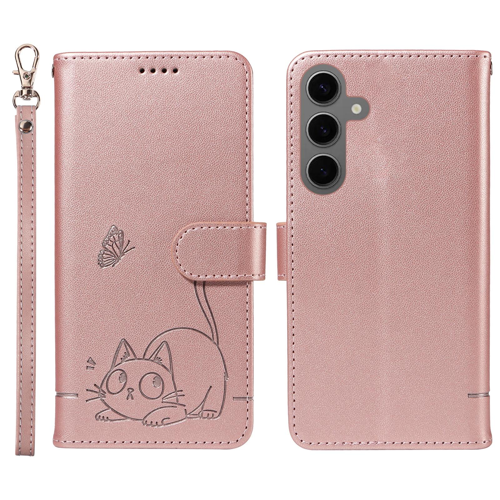 

Шкіряний чохол-гаманець із візерунком котячого кольору для Samsung Galaxy S25/S24 із ремінцем на зап ястя D