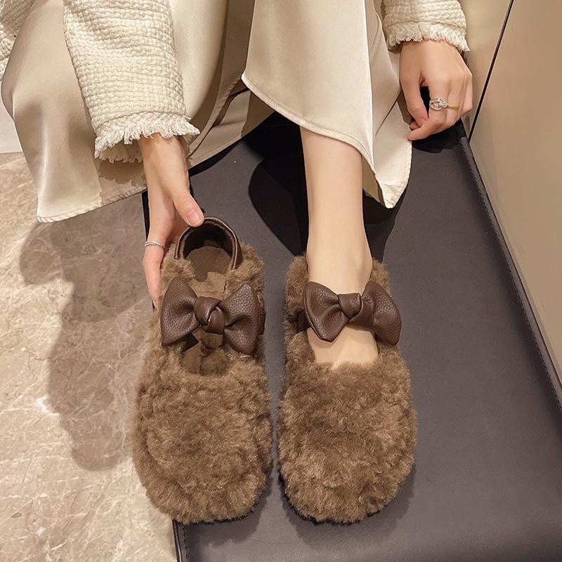 Fashion Bow-tie Fluffy Shoes for Women In the Winter of 2025, New Korean Version, Soft-soled Velvet Foot Cover, and Doudou Shoes