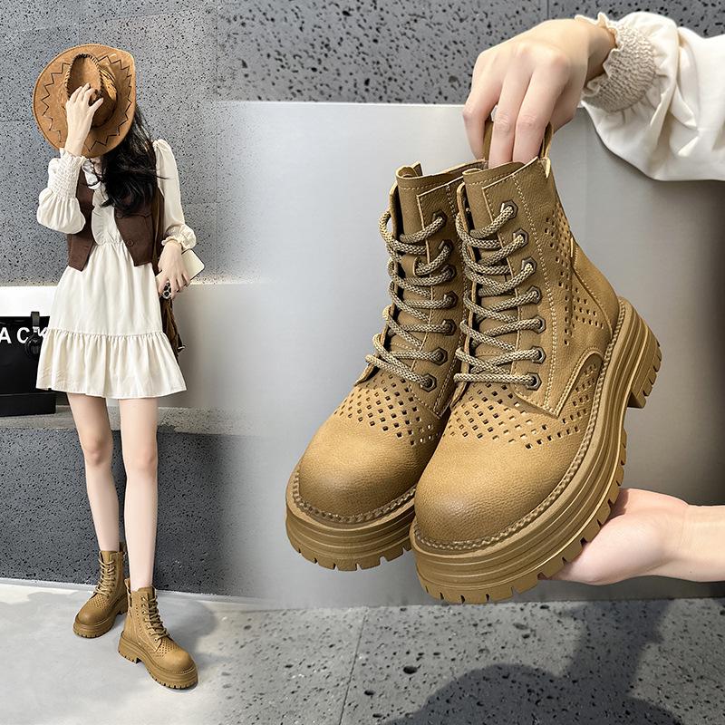 

Big yellow boots women s haute couture hollowed out Martin boots new leather women s boots hole retro wind heightening women s short boots 40