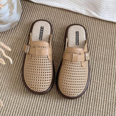 Fashion Flat Half Slippers Genuine Leather 2025 Summer Soft-soled Casual Women's Sandals Large  Hollow Out Female Slides Buckle