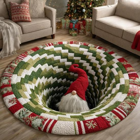 3D Christmas Rug Santa Claus Gnome Quilted Round Floor Mat Optical Illusion Depth Pattern Decorative Area Rug for Living Room Bedroom