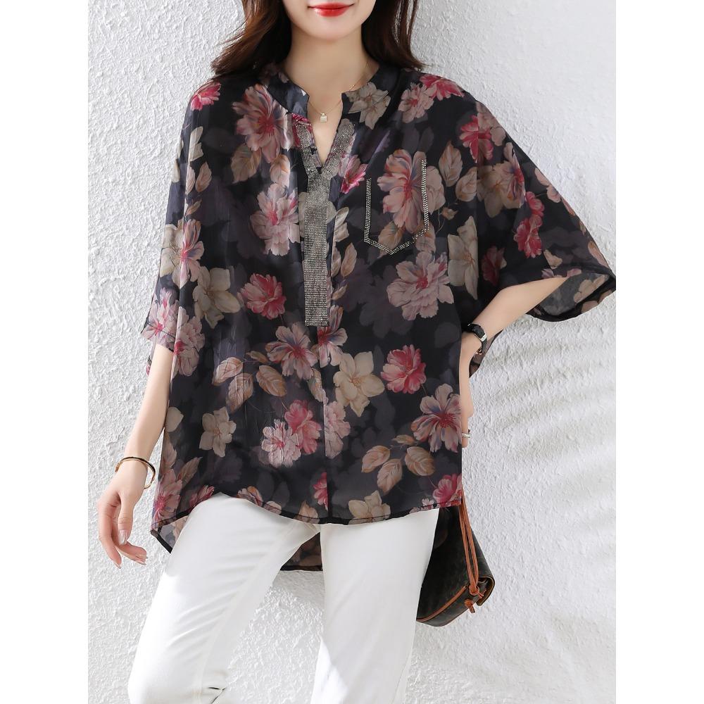 2025 Summer T-Shirt Plus Size Blouse Women Basic Vintage Loose Oversized Floral Casual Tops Tees
