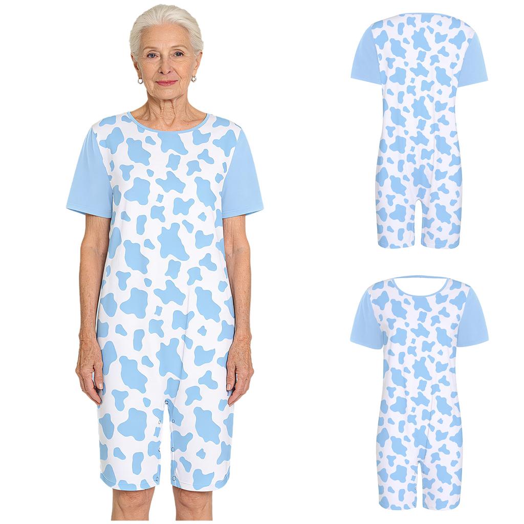Damen Erwachsener Adaptiver Jumpsuit Kurzarm Print Farbblock Geknöpfter Schritt Bodysuit für Ältere Demenz Alzheimer Pflege