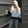 Women's Autumn and Winter New Loose Contrasting Color Spliced Zipper Hooded Long Sleeved Top for Women