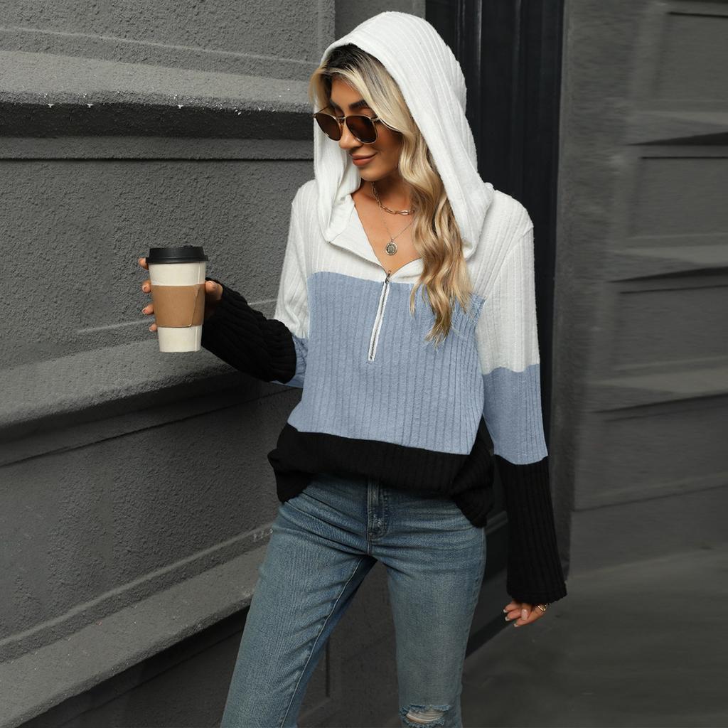 Women's Autumn and Winter New Loose Contrasting Color Spliced Zipper Hooded Long Sleeved Top for Women