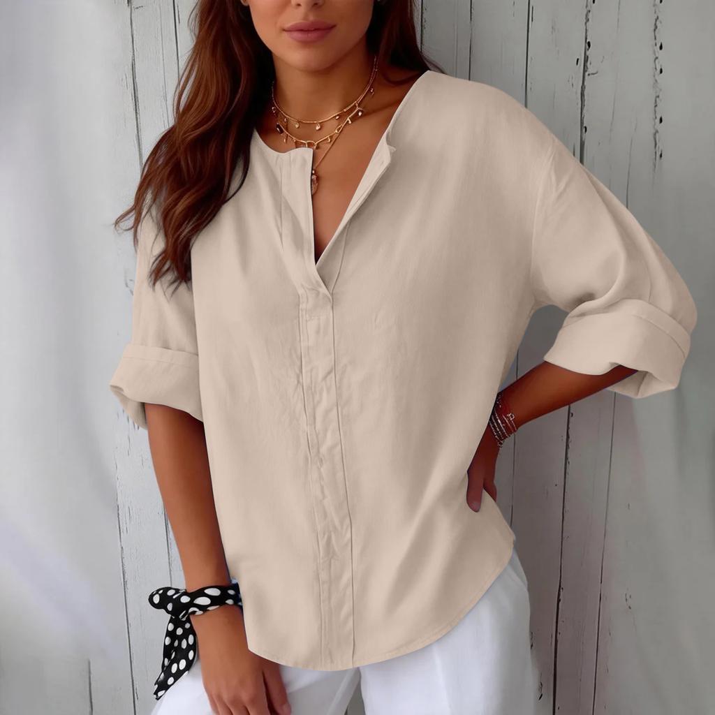 Women's Fashionable Loose-Fit V-Neck T-Shirt Cotton-Linen Blend Casual Top