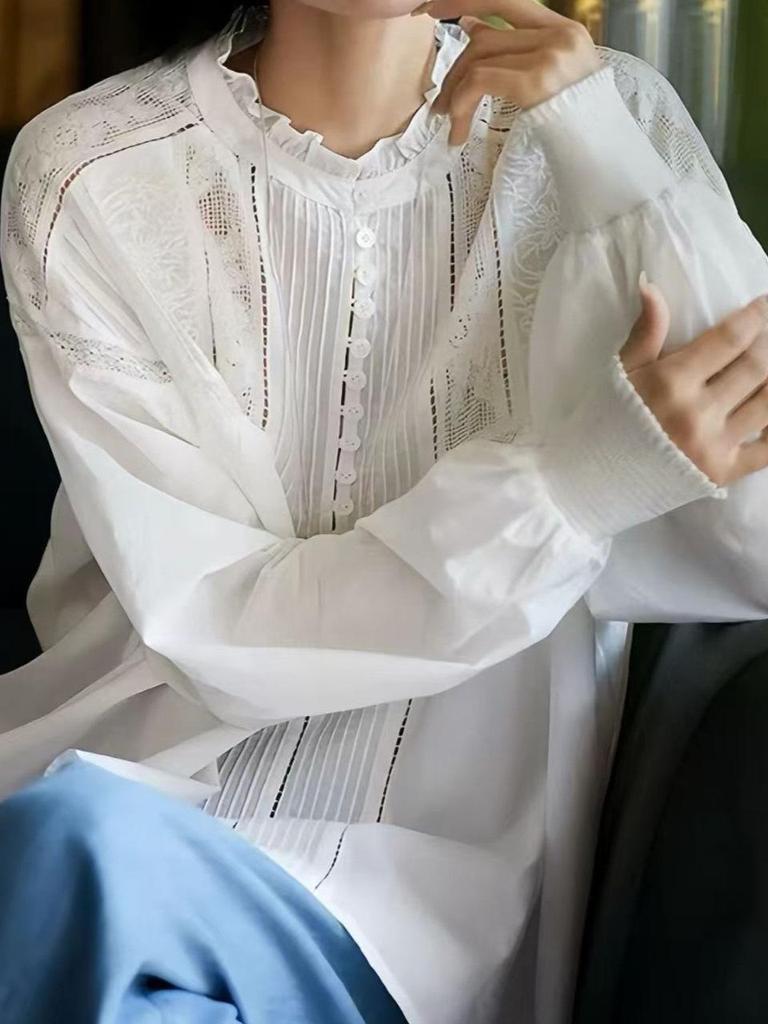 2025 Autumn French Lace Embroidered Retro Cotton Long Sleeve Shirt for Women