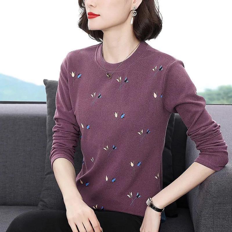 Women's Clothing Tops O-Neck Long Sleeve Thick Office Lady Commuter Autumn Winter Casual Printed All-match T-shirt