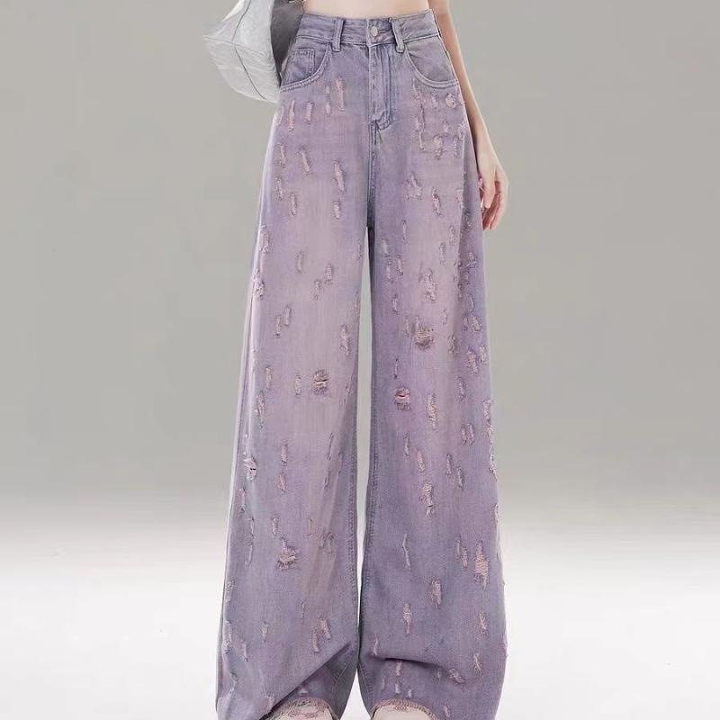 Damen Sommer High-Waist Wide-Leg Jeans - Rosa Lila Distressed Ausgefranster Saum, Fließende Bodenlange Denimhose