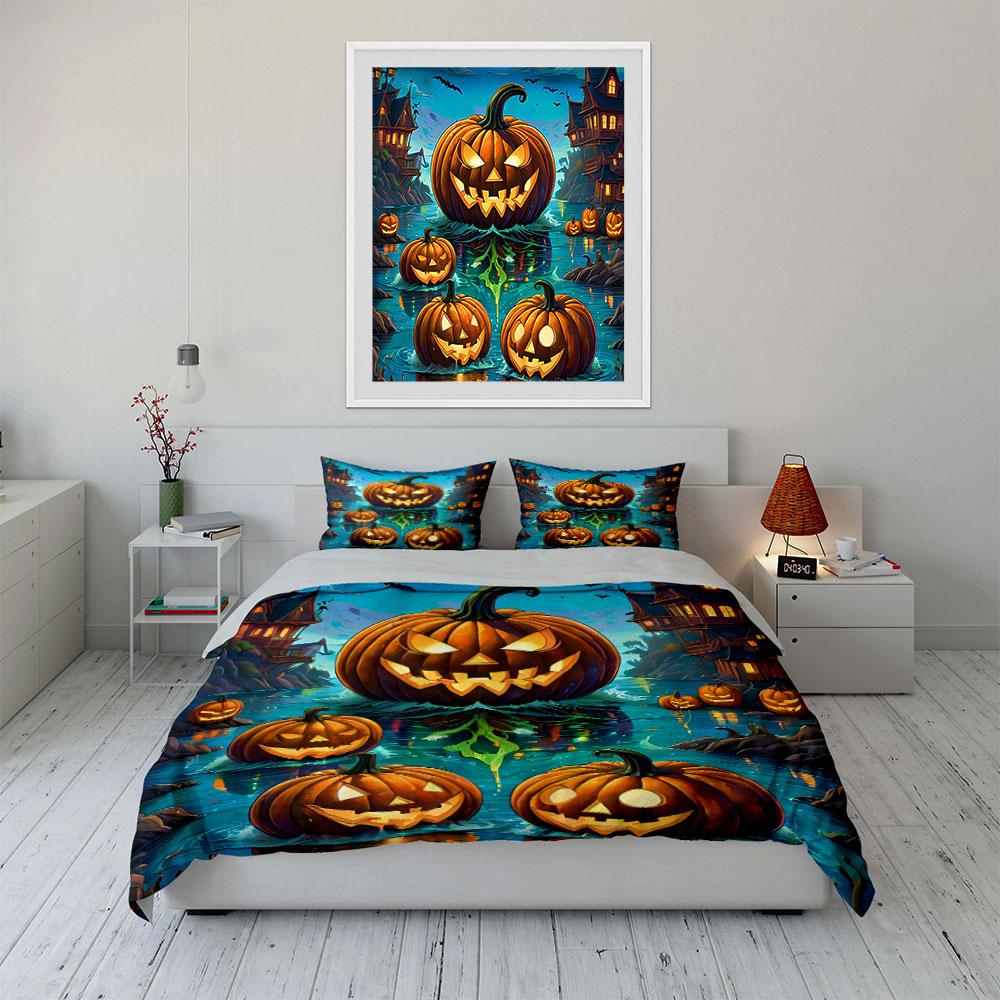 Geister Kürbis Halloween Szene Bettwäsche Bettbezug Set Bettbezug Kissenbezüge (1*Bettbezug 2*Kissenbezüge, ohne Bettdecke)