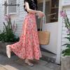 Style Coréen Printemps Été Femmes Jupe Midi Chiffon Taille Haute Couleur Contrastée Bleu Rose Jupe Florale Volants Superposés Jupes Douces Femmes