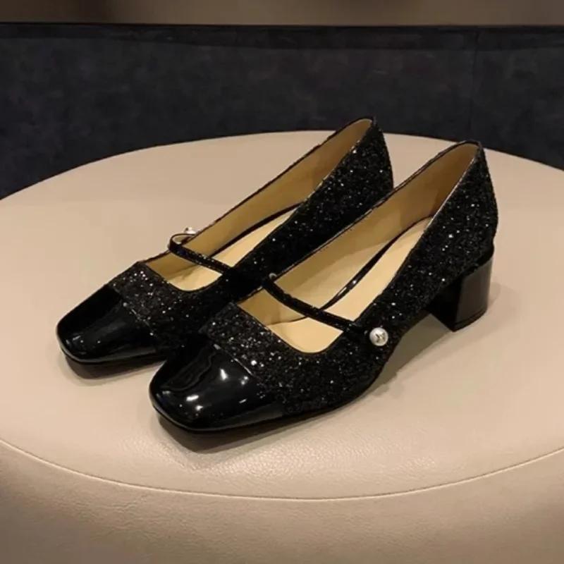 Fashion Women's Fashion Coarse Heel Single Shoes Fall New Square Head Light Mouth Match Color Anti-slip Wear-resistant Low-top Shoes