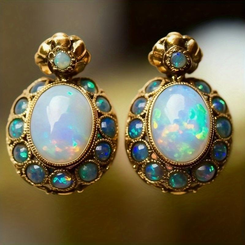 

Bohemian Retro Oval Inlaid Stone Pendant Earrings, Women s Personalized Ethnic Style Holiday Party Accessories Gifts