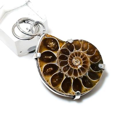 Natürlicher Ammonit Fossil Edelstein Handgefertigter 925 Sterling Silber Anhänger 1,77" A8q75