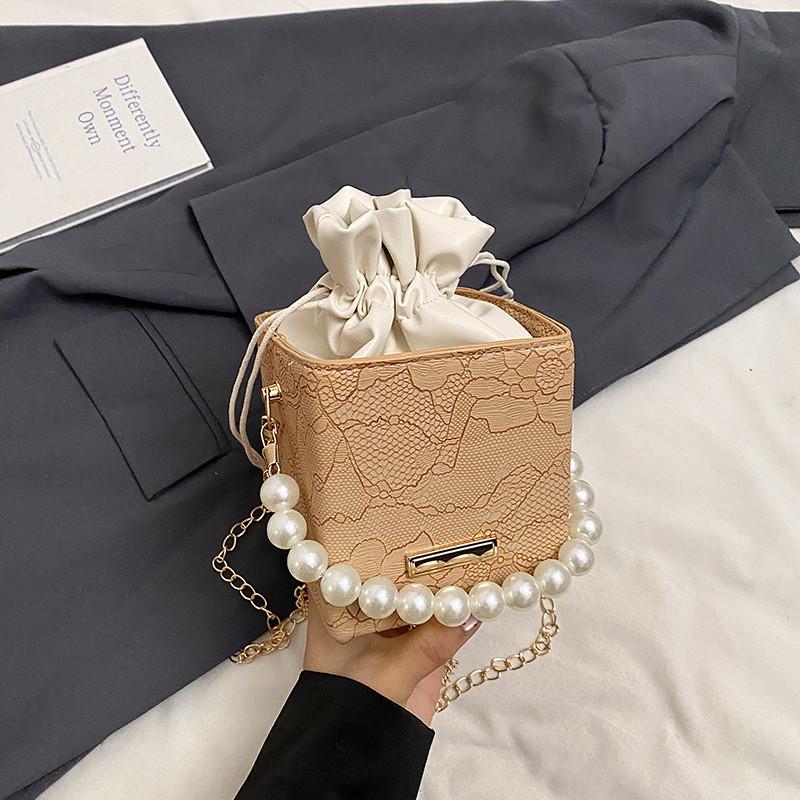Elegant Minimalist Pu Bucket Handbag For Daily Use With Unique Pearl Details хаки