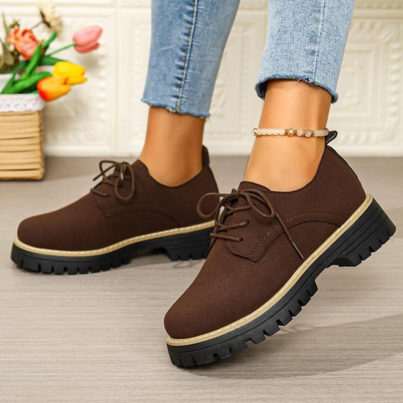 Women Plus Size Lace Up Mid Heel Loafers Round Toe British Style New Autumn Leather Shoes