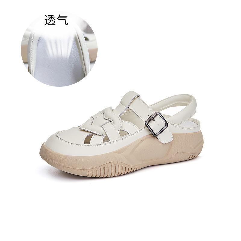 

Кожаные сандалии с перфорацией 2025 лето новые женские спортивные сандалии с закрытым носком модные повседневные на плоской подошве любовь женская обувь 40 бежевый