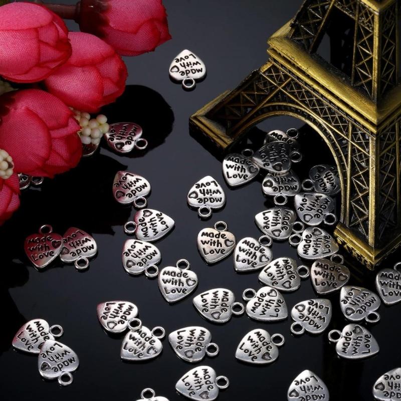 60pcs Heart Charm Made With Loves Pendant 12x10mm Tibetan Antique Silver Color Pendants Jewelry Making DIY Handmade Craft