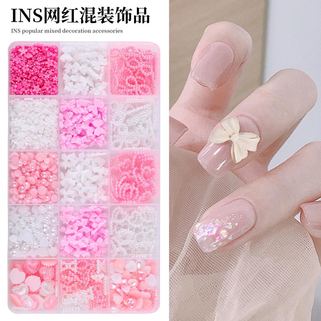 15Grids/Set Mixed Bowknot Pearl Charms Nail Art Decorations 3D Kawaii Colorful Bow Flower Rhinestone DIY Manicure Parts Accessor