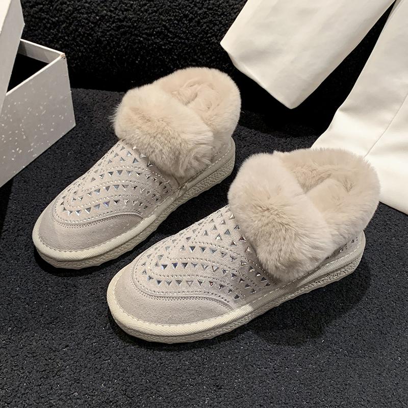 Fashion Women's Fashion Flat Shoes Winter New Round Head Suede Rhinestone Anti-slip Wear-resistant Snow Boots
