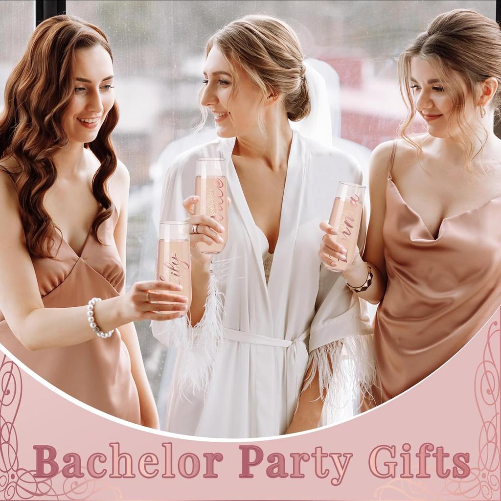 21-Piece Champagne Flute Set with Stemless Glasses & Transfer Stickers for Bridal Shower, Wedding, Bachelorette Party