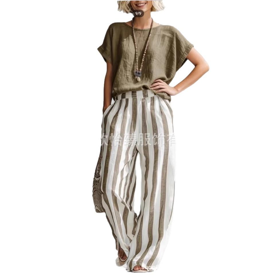 

Women s Dark Blue Short Sleeve Top and Blue White Striped Wide Leg Pants Set 4XL хакі