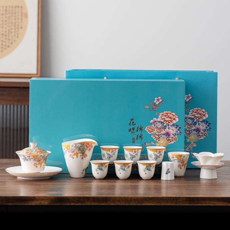 Flowering brocade high-end tea set gift box boutique retro Guochao cover bowl teacup business gift
