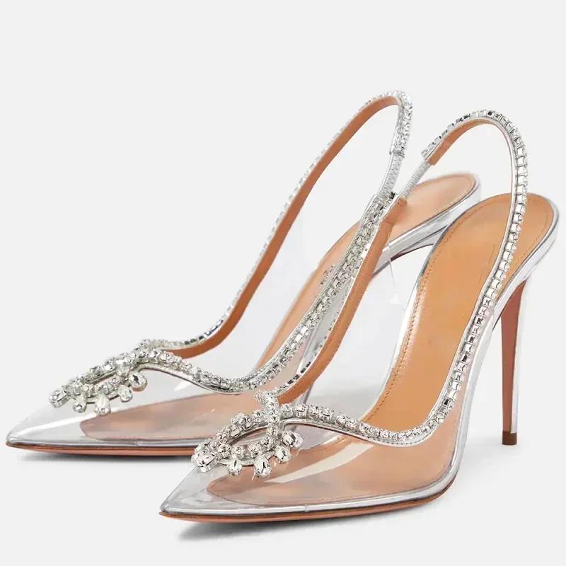 Fashion PVC Transparent Silver Clear Rhinestone High Heels Women Pumps Fashion Sling Backs Thin Heels Party Bridal Wedding Sandals Shoes