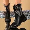 Fashion Fashion Women's Sleeve Embroidered Booties in Spring Autumn with Thick Pointed Heels V-shaped Zippers Are Slim in Western Boots