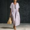 Locker sitzendes gestreiftes Kaftan-Kleid mit V-Ausschnitt und kurzen Ärmeln für Damen, lässiges langes Maxikleid mit Taschen