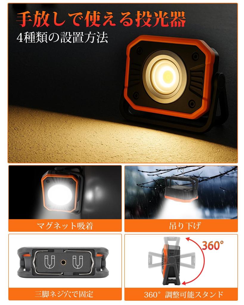 Kitazawa Shoji LED Floodlight with 4-Level Dimming and Color Adjustment, High Brightness, COB Light, LED Work Light, USB Rechargeable, Powerful Magnet