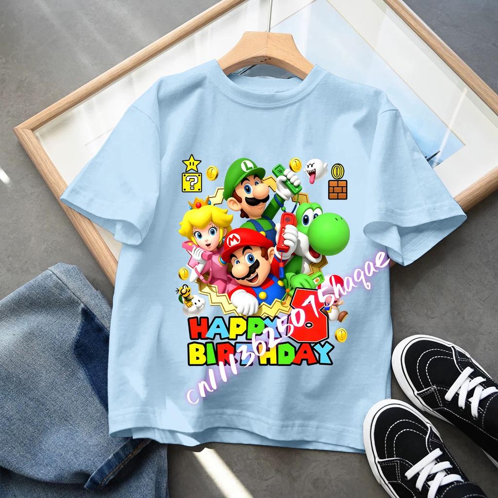 Super Marios Children Birthday Number TShirt Clothes Party Cartoon Figure Print Boys BabyTShirt blue Short Sleeve Tops Tee Gift
