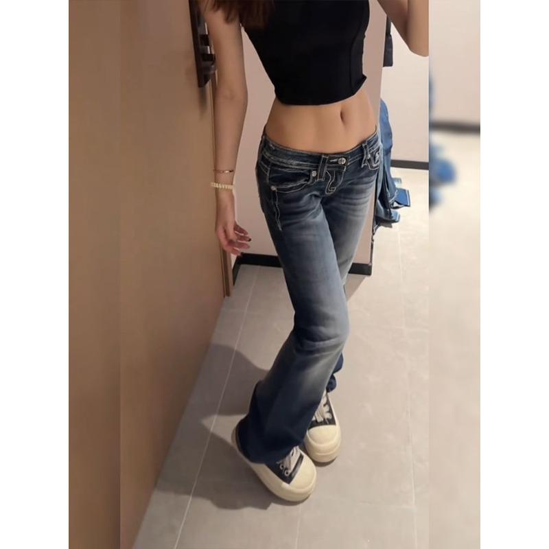 Women's Y2K Gothic Embroidery Hot Diamonds Denim Pants Harajuku Retro Hip Hop Low Waist Jeans Fashion Hot Girl Straight Jeans