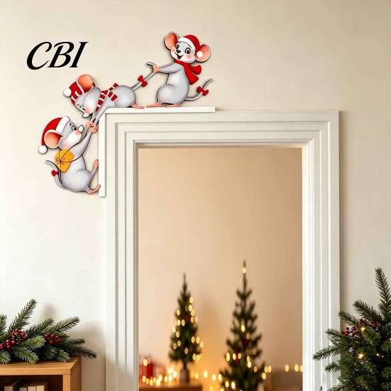 Waterproof Christmas Room Accents Cartoon Three Mice Wooden Door Frame Decor, Santa Mouse Easy Assembly Sign Corner Ornament, Xmas Party Home Holiday