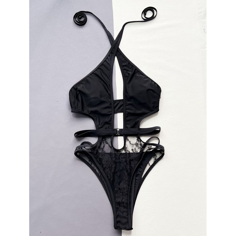 

Модный сексуальный бодибилдинг, подчеркивающий фигуру комбинезон, женский кружевной пэчворк, вырез на груди, ночной клуб, открытая спина, нижнее белье, однотонные топы Black S