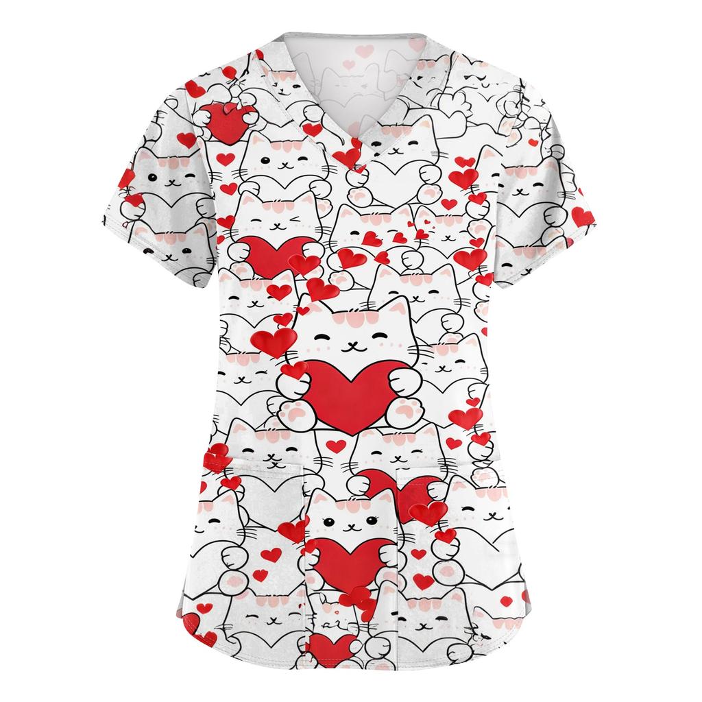 Women's V,neck Valentine's Day Printed Short,sleeved Pocket Side,slit Protective Suit Top