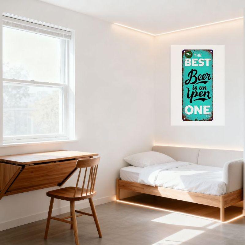 Vintage Rusty Metal Tin Sign Turquoise Background 'The Beer is an Open ONE' Retro Pub Bar Decor with Rivets for Home Man Cave Wa