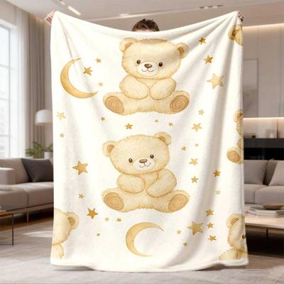 2026 Latest Flannel Blanket UltraSoft Teddy Bear & Moon Stars Flannel Blanket Versatile, Machine Washable for All Seasons Perfect for Bed, Sofa, Car T