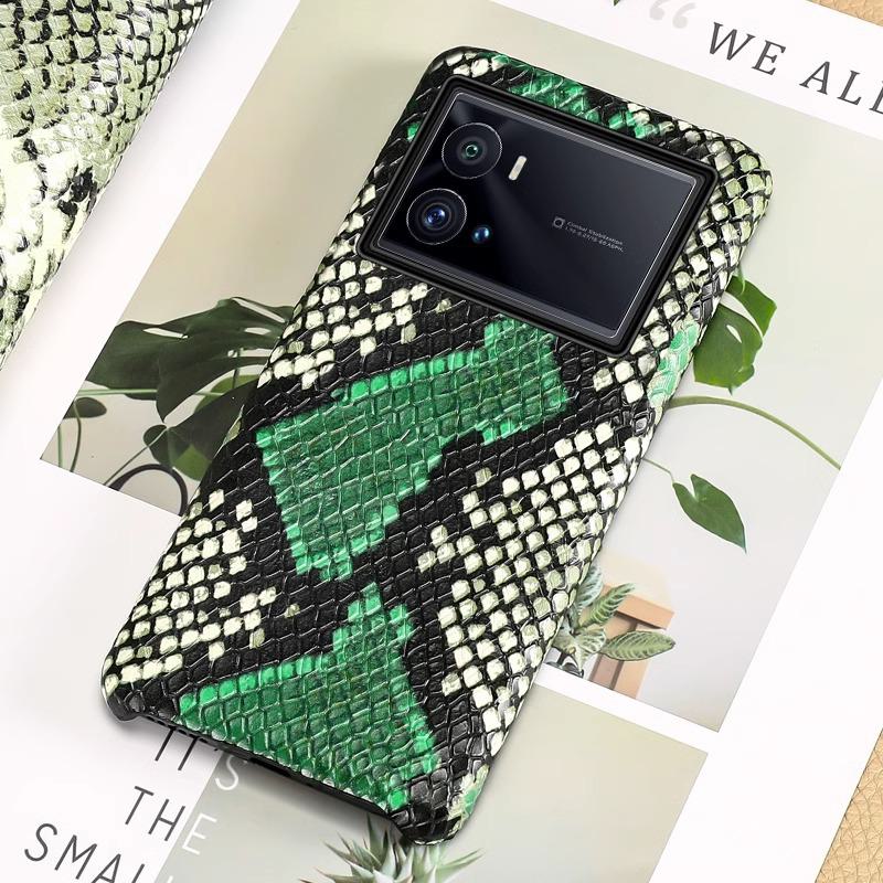 Luxury Genuine Leather Half Package Protective Cover with Python Skin Pattern for iQOO Z7/X