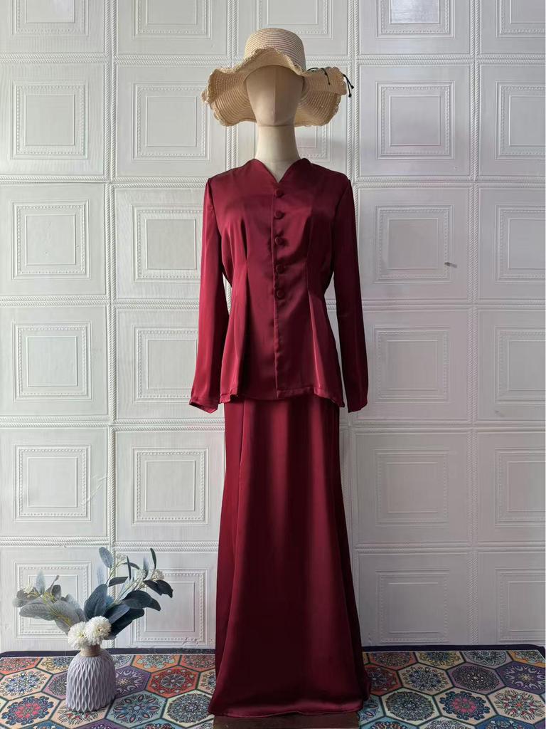 2025 Spring Elegant Retro Women's Solid Color Long Sleeve Top and Skirt Set