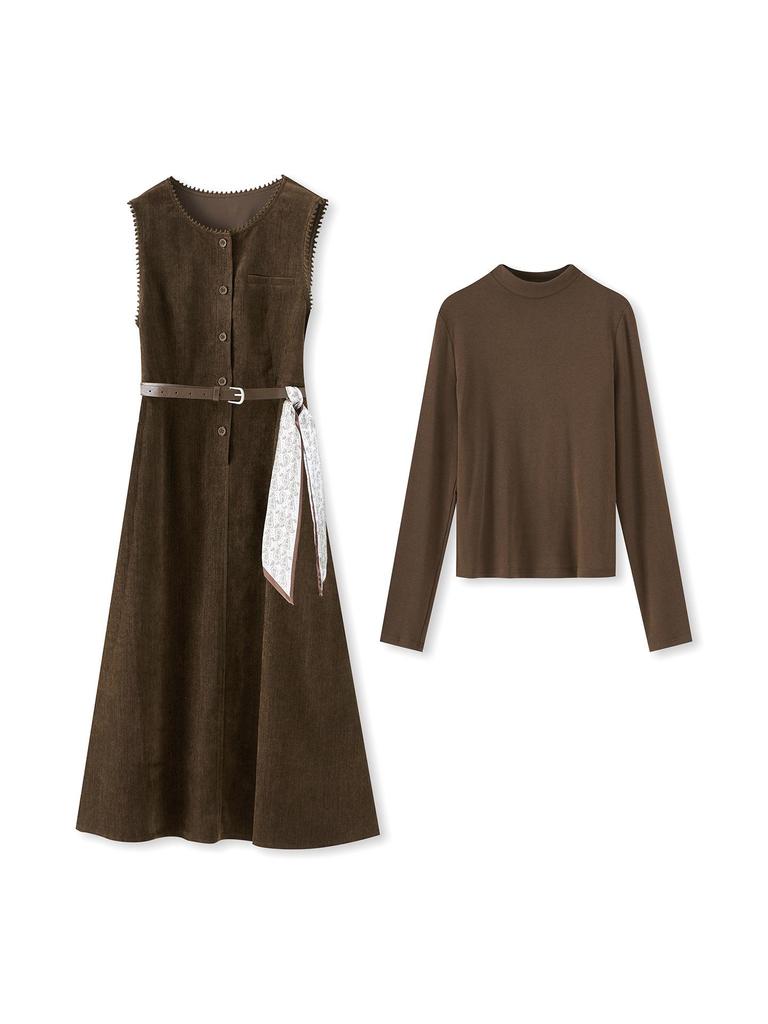 French Solid Color Inner Layer Base Shirt & Chenille Vest Dress Two-Piece Set