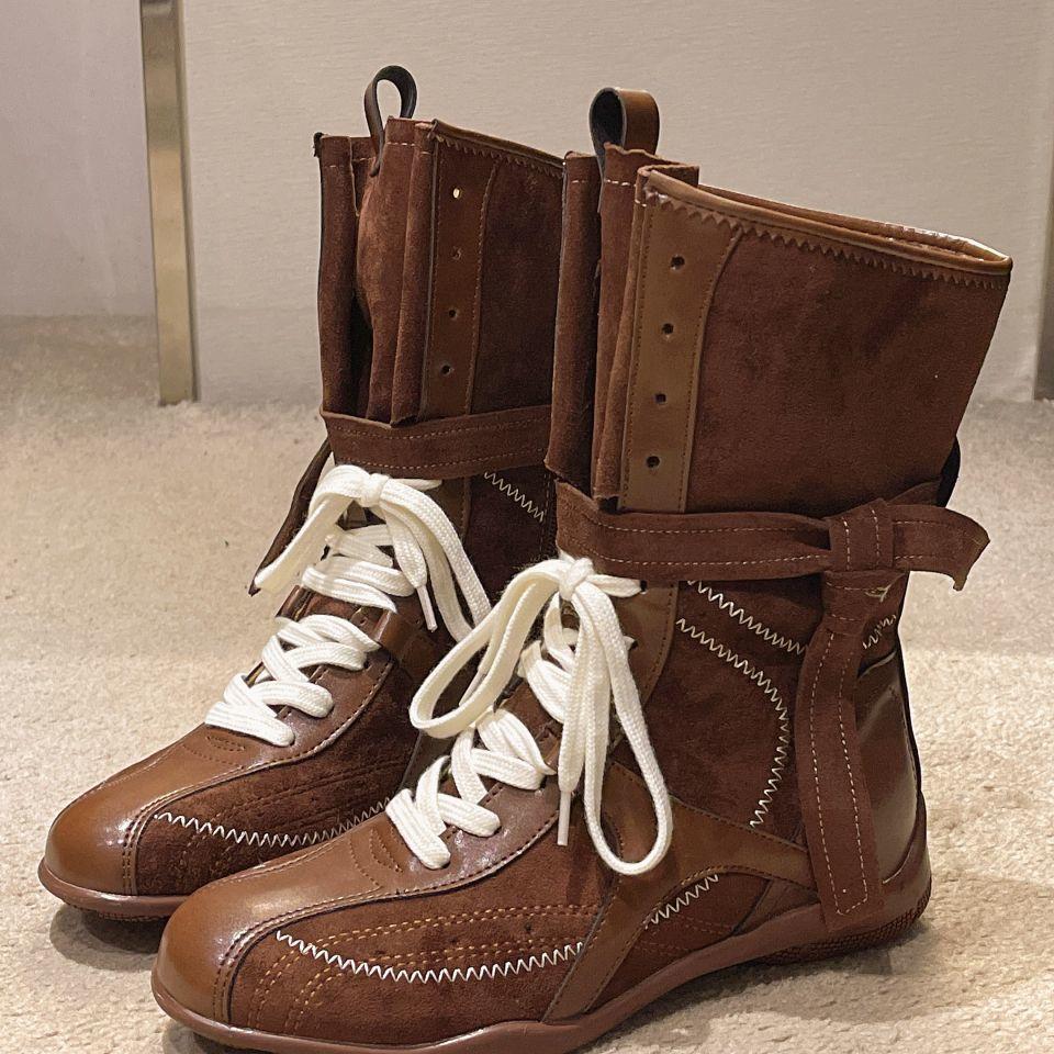 Martin boots women's 2025 new Korean version niche round head lace-up medium boots niche design retro brown boxing boots