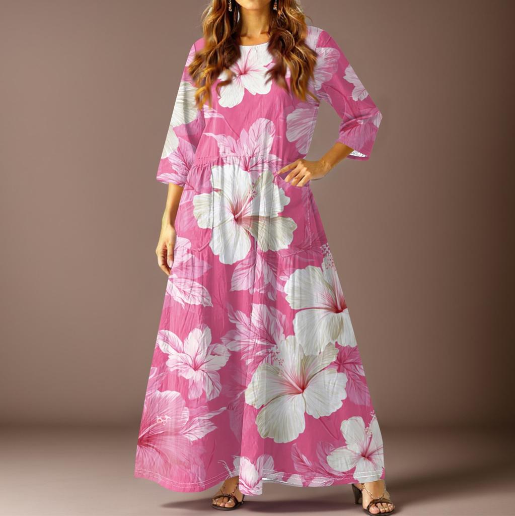 Damen Casual Mode Floral Dreiviertelarm Langes Kleid mit Taschen