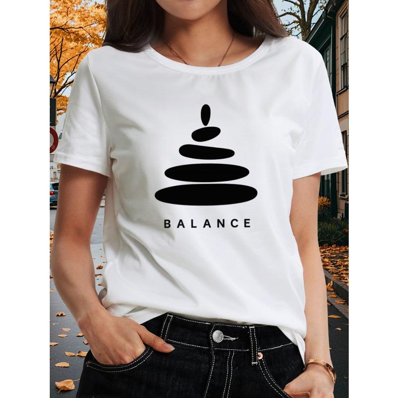 

Women s Balancing Stones & Letter Print T-Shirt Loose Casual Short Sleeve Crew Neck Top S белый