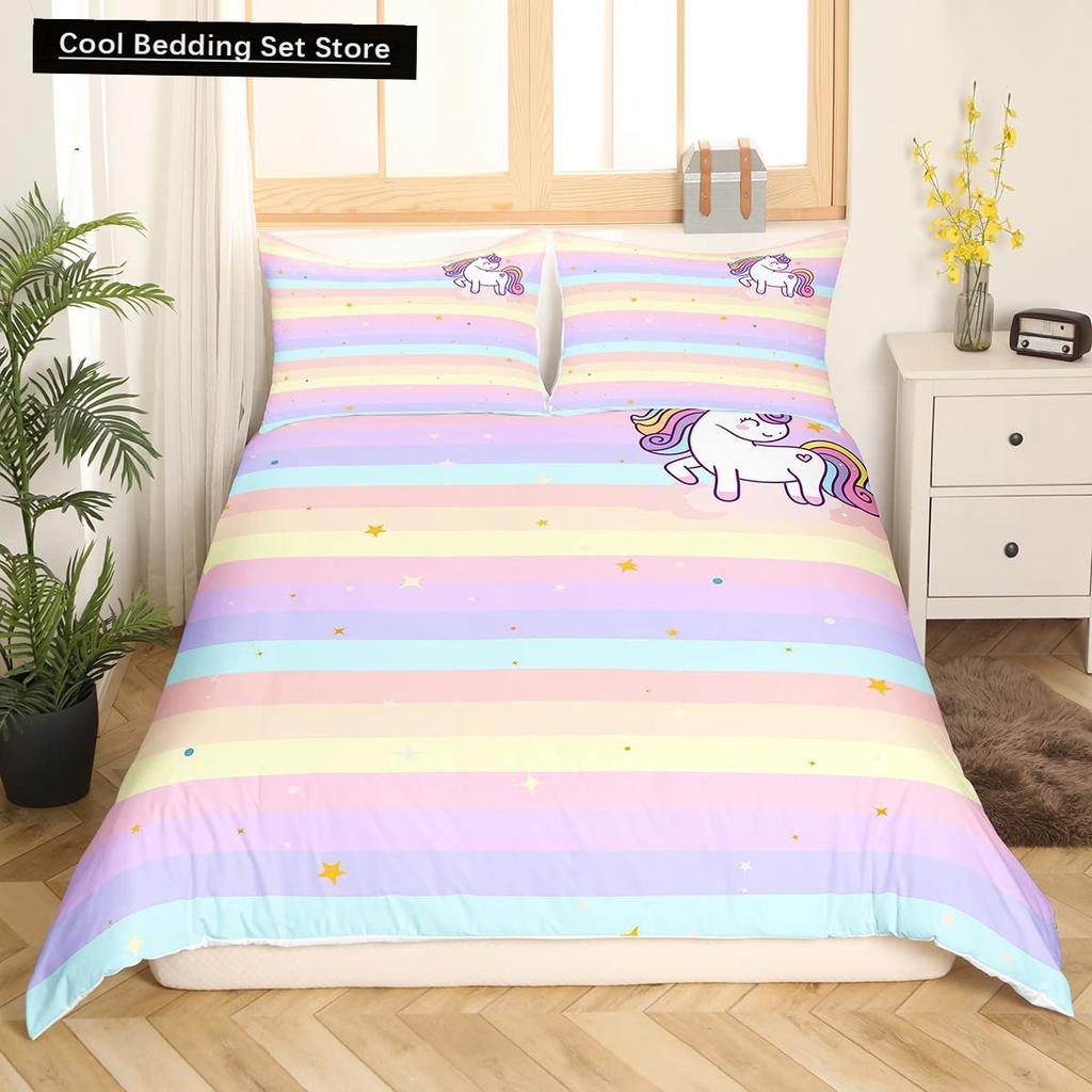 Kids Unicorn Stars King Queen Duvet Cover Cartoon Magic Animal Bedding Set Rainbow Shiny Quilt Cover Polyester Comforter Cover