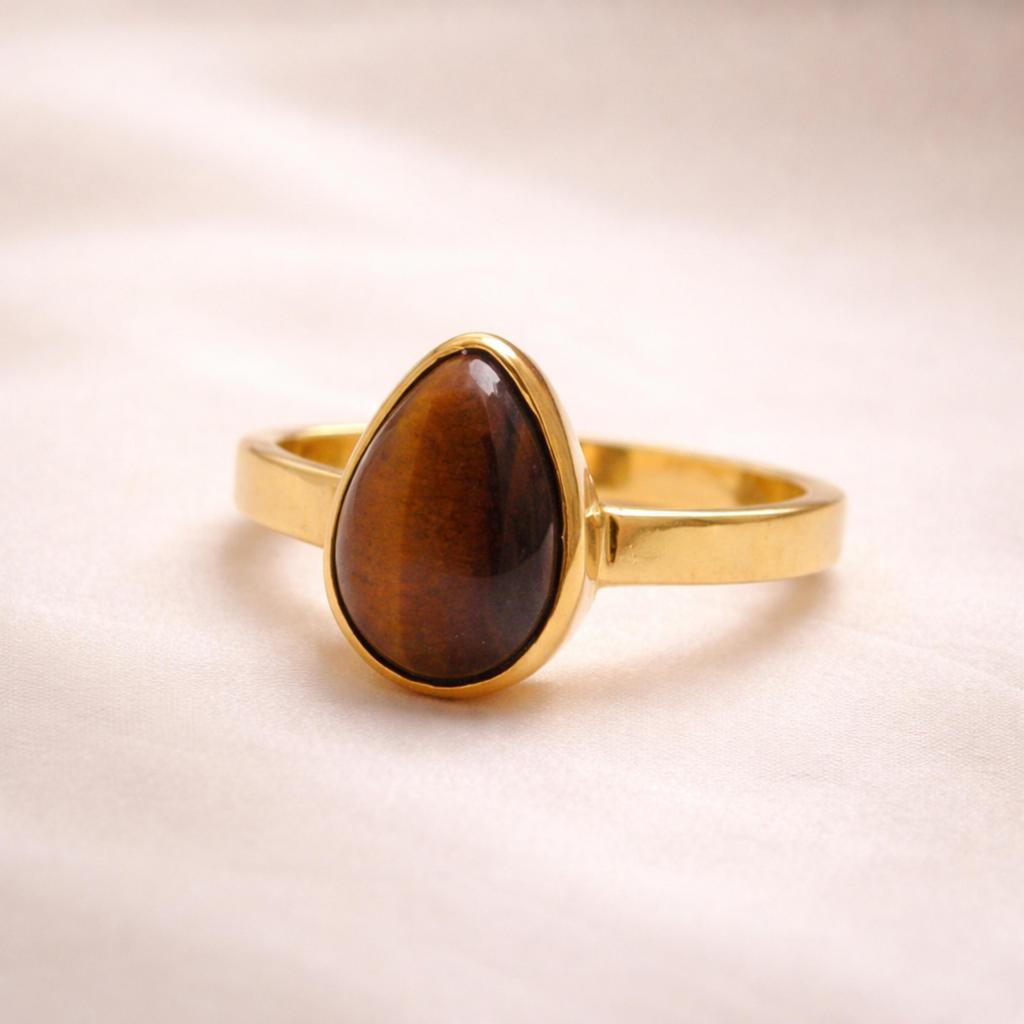 Pear Shape Tiger Eye Ring In Gold Plated 925 Sterling Silver – Handmade Minimalist Statement Ring