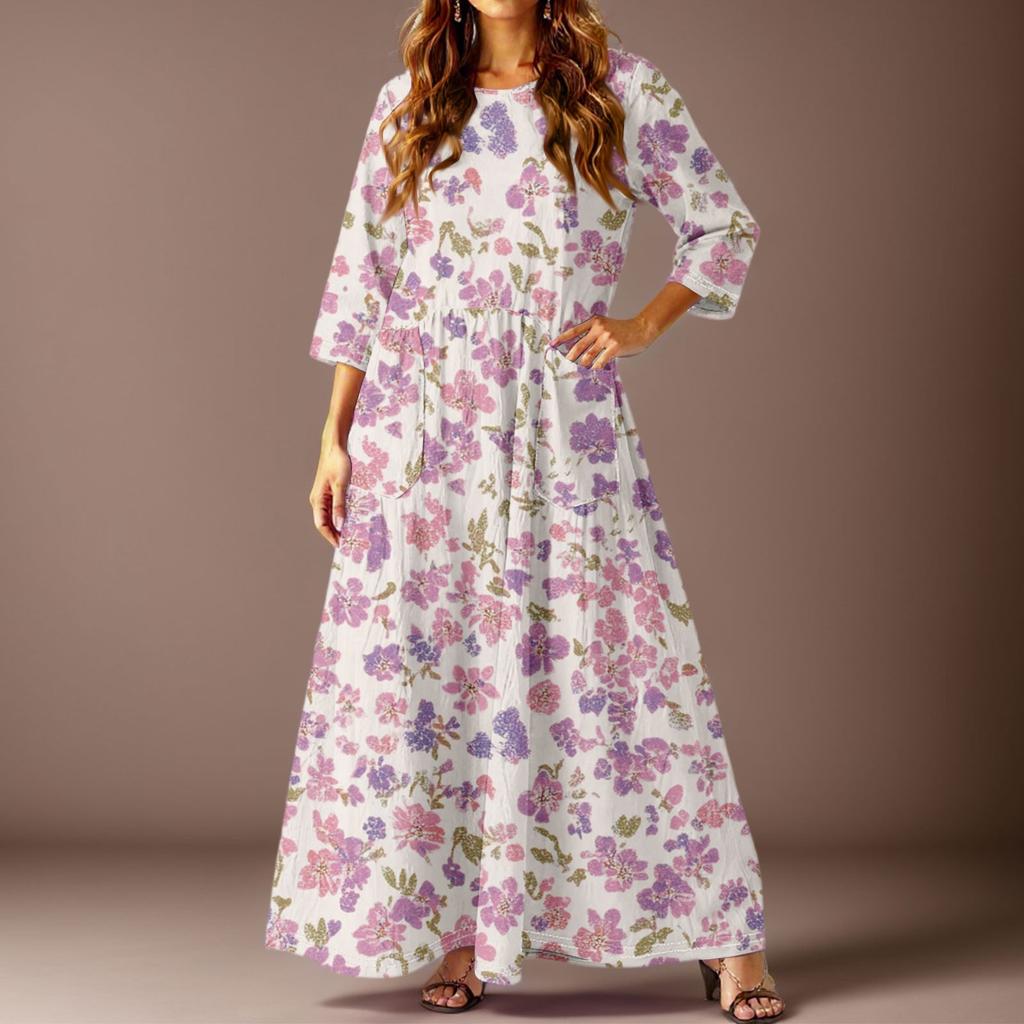 Damen Freizeitmode Blumenmuster Dreiviertelarm Langes Kleid mit Taschen
